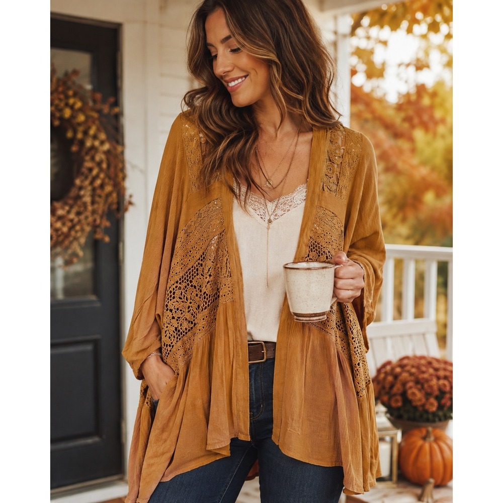 Lovestitch Mustard Gold Crochet Lace Kimono Cardigan Boho Open Front Large